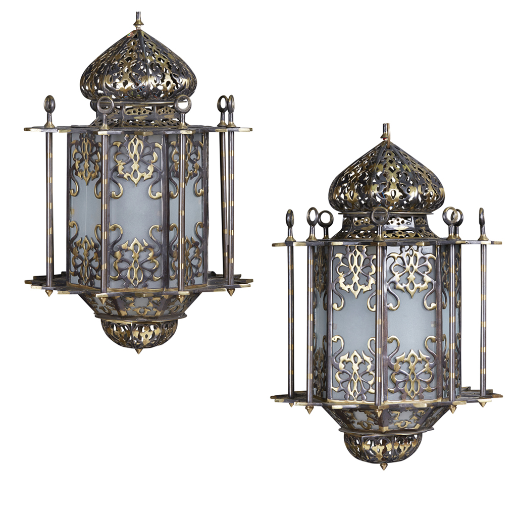 Appraisal: PAIR OF PATINATED AND POLISHED BRASS HANGING LANTERNS TH CENTURY