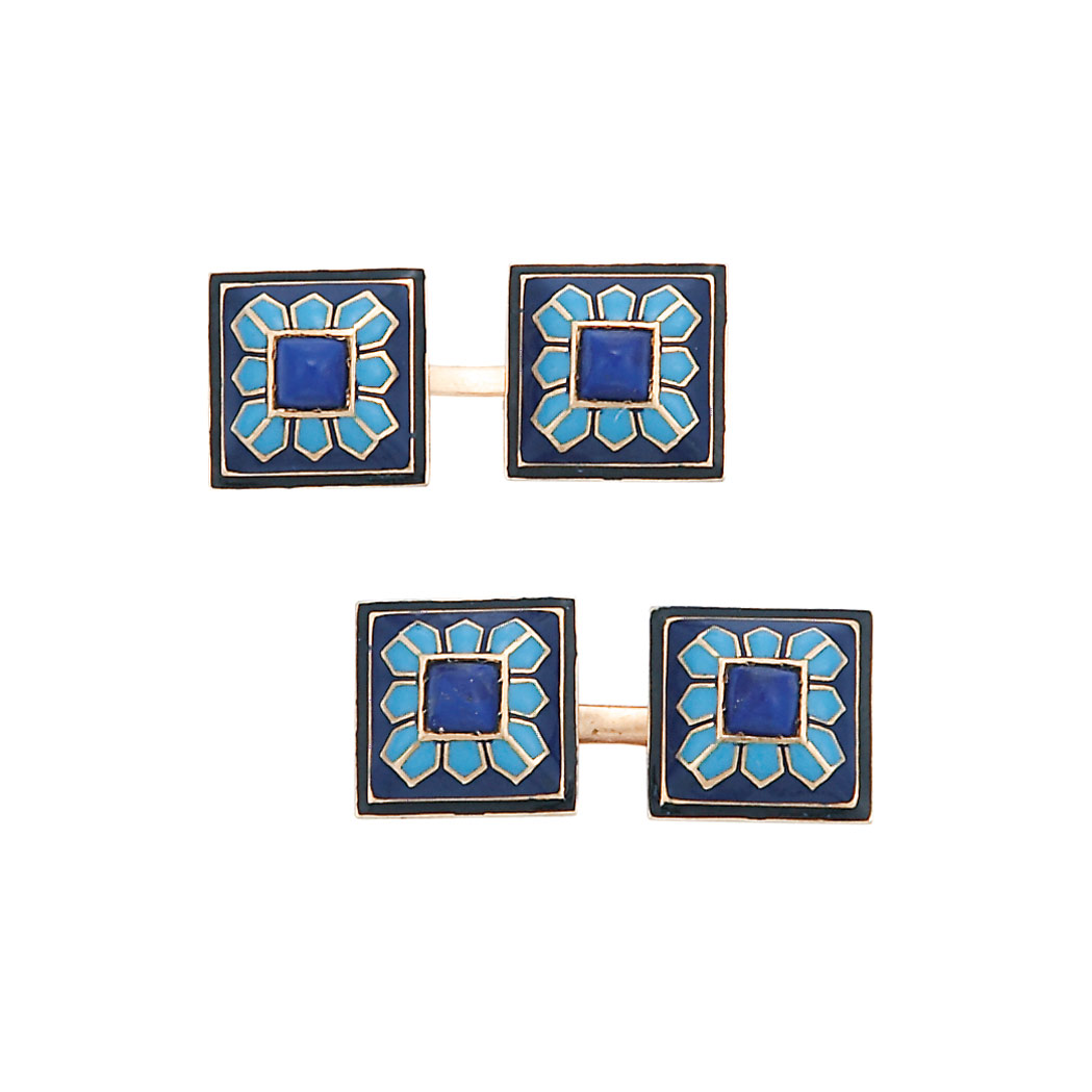 Appraisal: Pair of Gold Enamel and Lapis Cufflinks C ap dwt