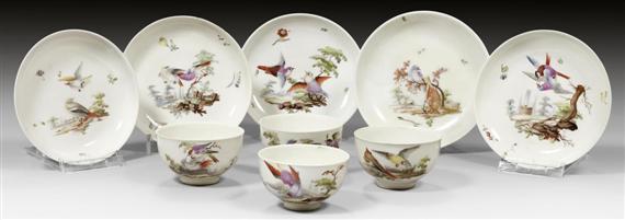 Appraisal: SIX CUPS AND SAUCERS WITH SONGBIRDS IN LANDSCAPES ZURICH CIRCA