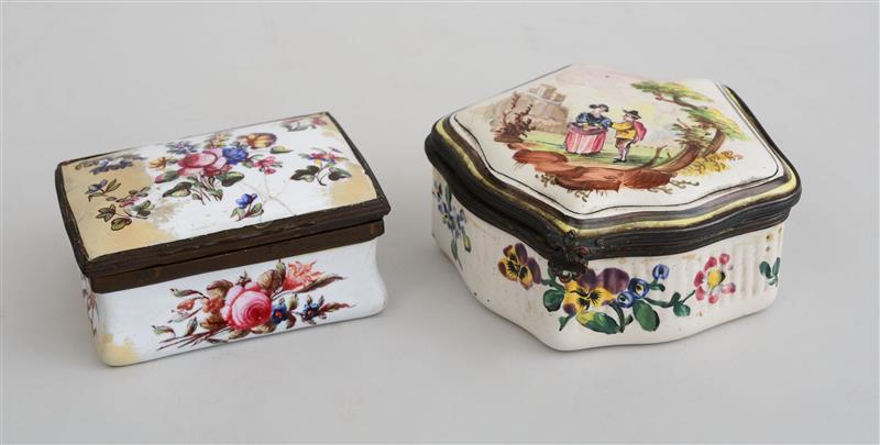 Appraisal: ENGLISH FLORAL-DECORATED ENAMEL BOX AND A CONTINENTAL FAN-SHAPED BOX The