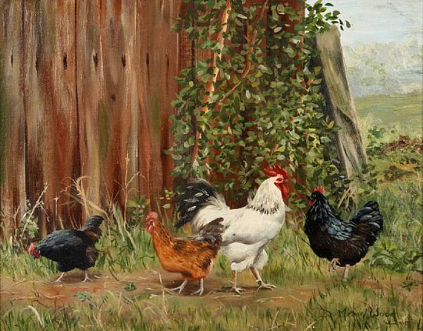 Appraisal: Michael Wood American th century Roosters in a Farmyard signed