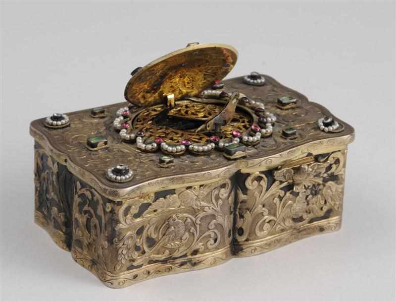 Appraisal: CONTINENTAL GLASS AND ''PEARL'' MOUNTED SILVER-GILT BIRD MUSIC BOX Not