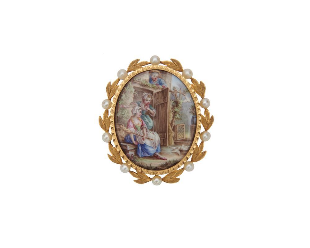 Appraisal: K Gold Pearl and Hand-Painted Brooch the hand-painted figural scene