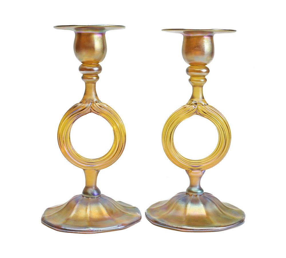 Appraisal: Pair LCT Tiffany Favrile Gold Candlesticks A pair of Louis