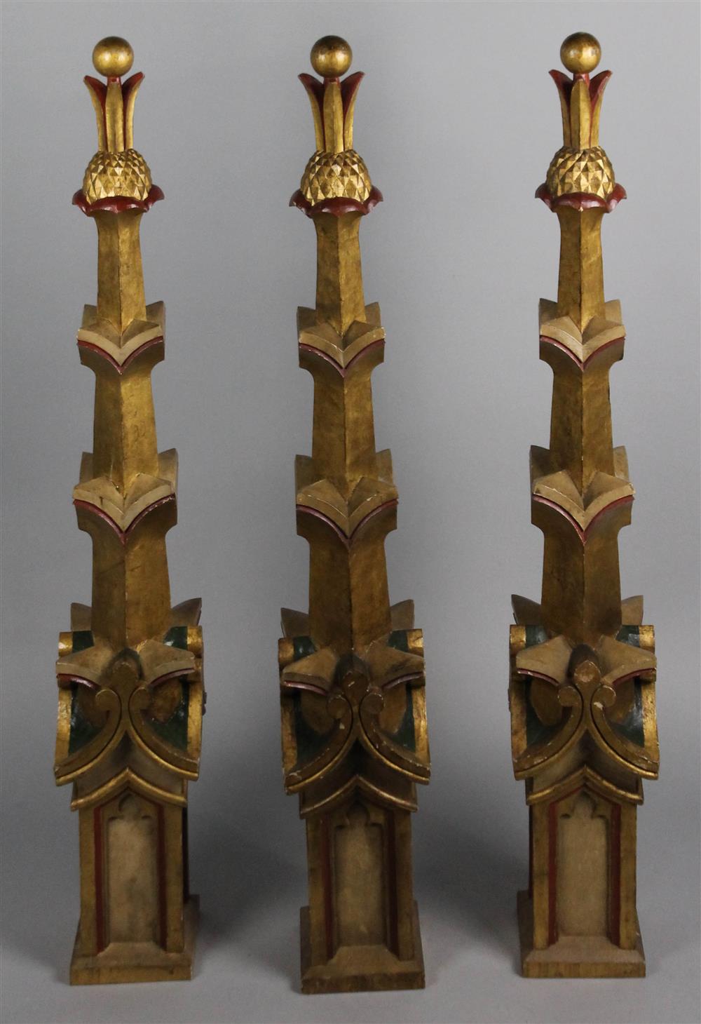 Appraisal: SET OF THREE PAINT DECORATED GOTHIC STYLE ARCHITECTURAL SPIRES each