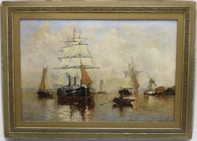 Appraisal: PAUL JEAN CLAYS - BELGIUM OIL ONCANVAS DEPICTING SHIPS IN