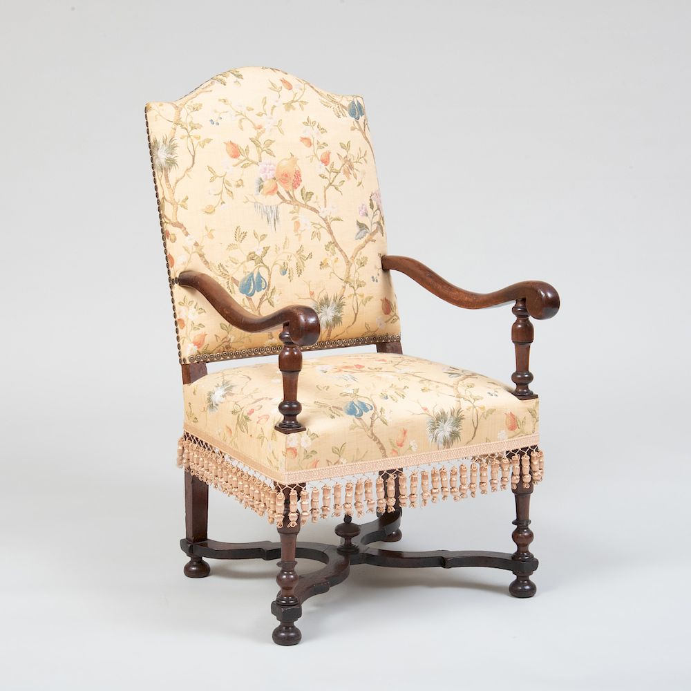 Appraisal: Franco Flemish Baroque Walnut Fauteuil la Reine Upholstered in silk