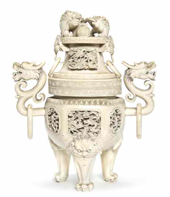 Appraisal: A Carved Ivory Censer having double fu dog form finial