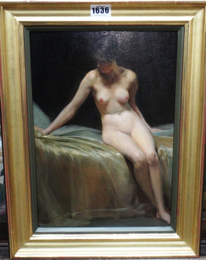 Appraisal: English School c Seated nude oil on panel cm x