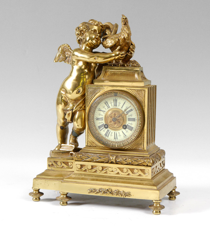 Appraisal: FIGURAL FRENCH GILT BRONZE CLOCK Gilt bronze case featuring figural