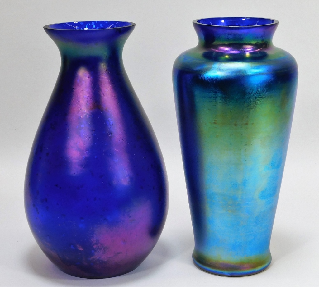 Appraisal: KRALIK BLUE OIL SPILL BOHEMIAN ART GLASS VASES Bohemia th