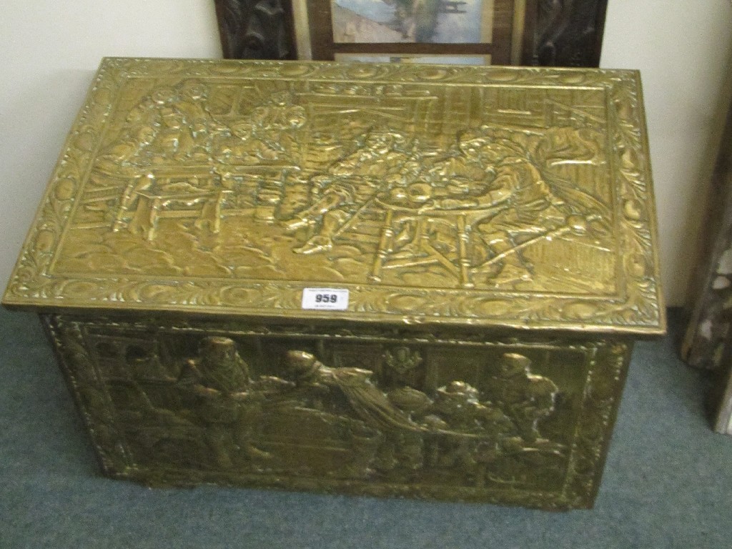 Appraisal: Brass coal box containing brasswares and a print of St