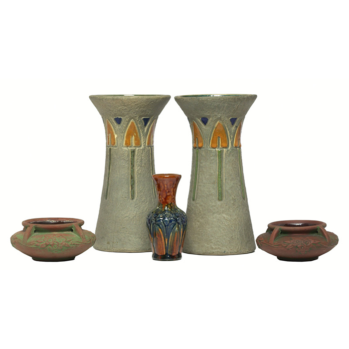 Appraisal: Zaneware vases two one shown far right low shapes with