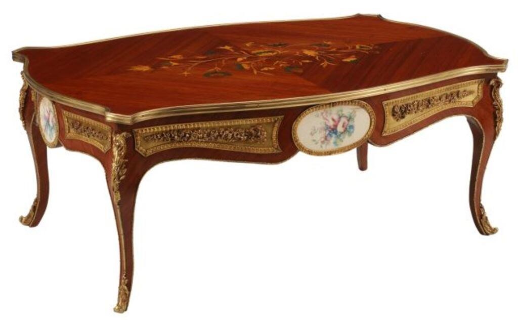 Appraisal: Louis XV style marquetry inlaid coffee table with bronze dore