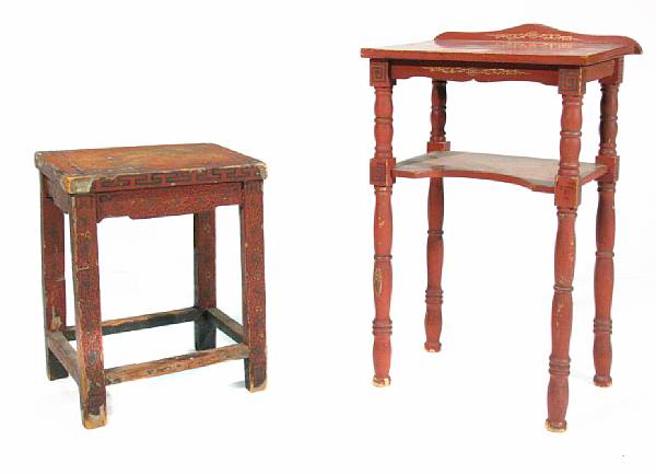 Appraisal: A Chinese red lacquer desk and stool together with two