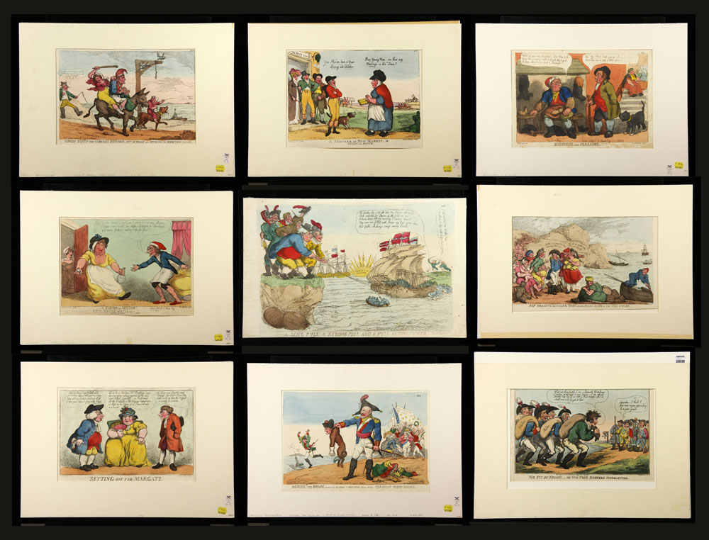 Appraisal: - Hand Colored Etchings Lot of nine hand colored etchings