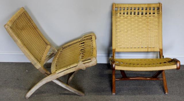 Appraisal: Midcentury Pair Hans Wegner Style Folding Chairs Woven seat and