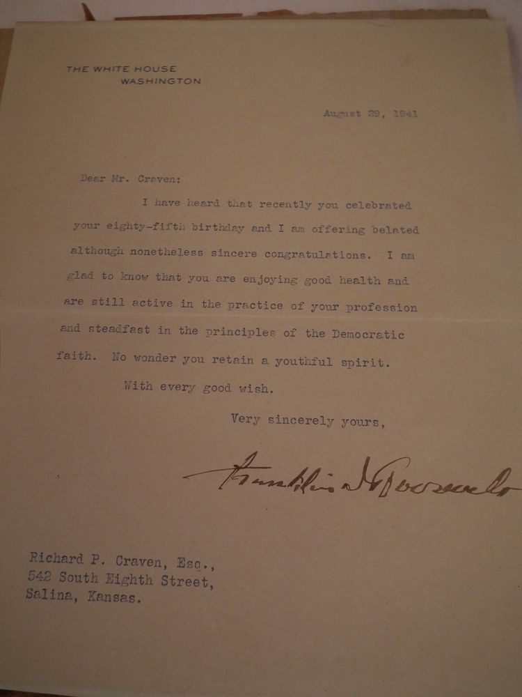 Appraisal: FRANKLIN ROOSEVELT AUTOGRAPH LETTER letter on White House Stationery signed