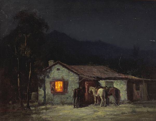 Appraisal: Gordon Coutts Scottish American - Cowboy Cottage by Moonlight signed