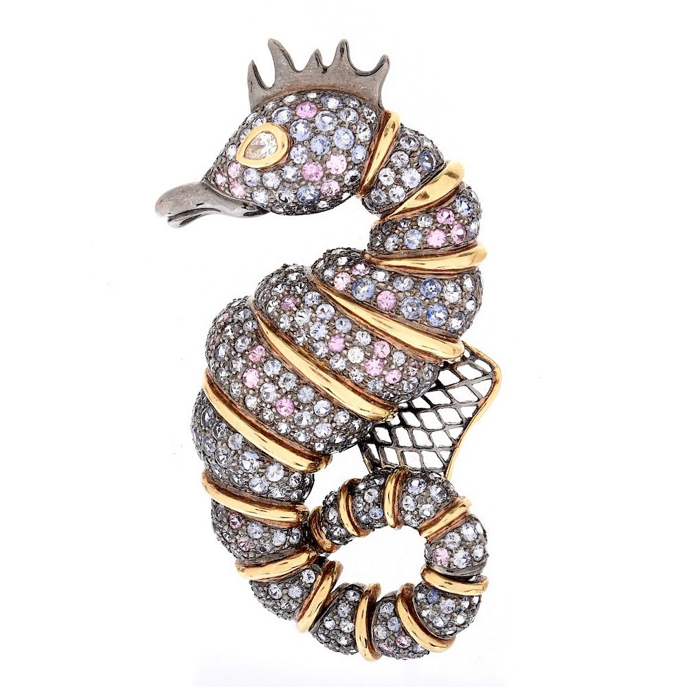 Appraisal: Multi Gemstone and K Seahorse Brooch Large Pave Set Round