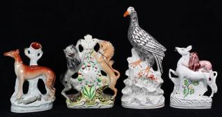 Appraisal: lot of Staffordshire figural groups comprising an early pearlware bird