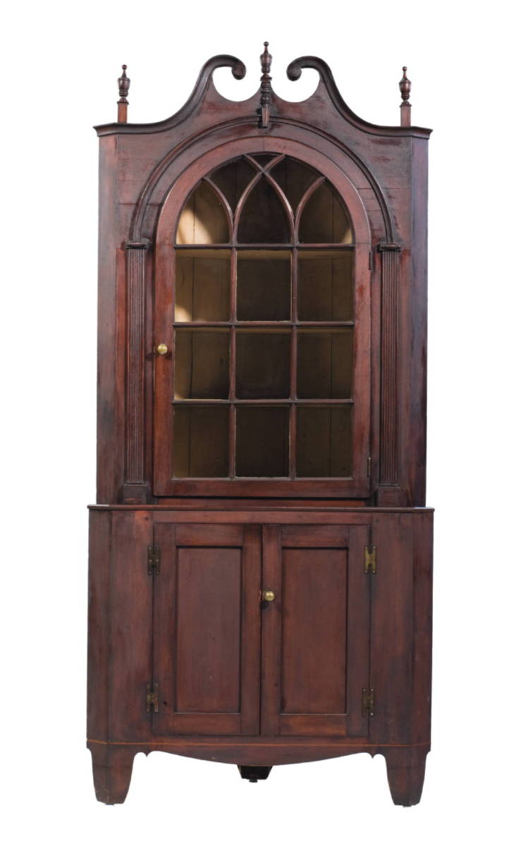 Appraisal: AMERICAN FEDERAL INLAID CHERRY TWO-PART CORNER CUPBOARD IN EARLY RED