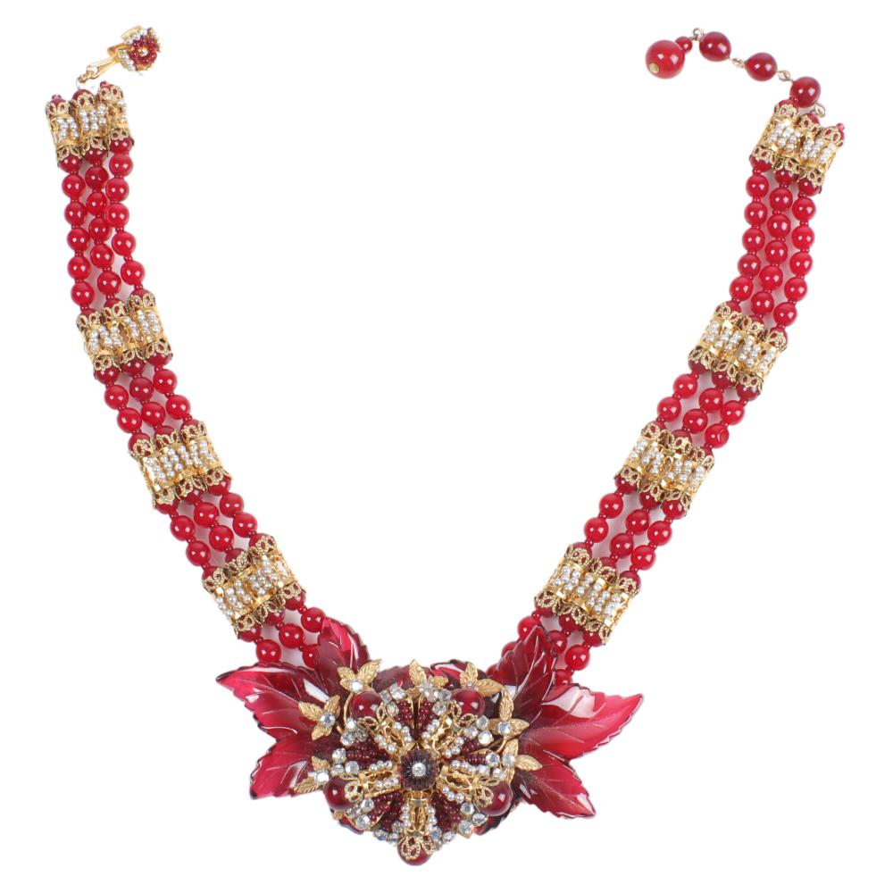 Appraisal: WILLIAM DELILLO RED GLASS BEAD SEED PEARL RHINESTONE FESTOON NECKLACE