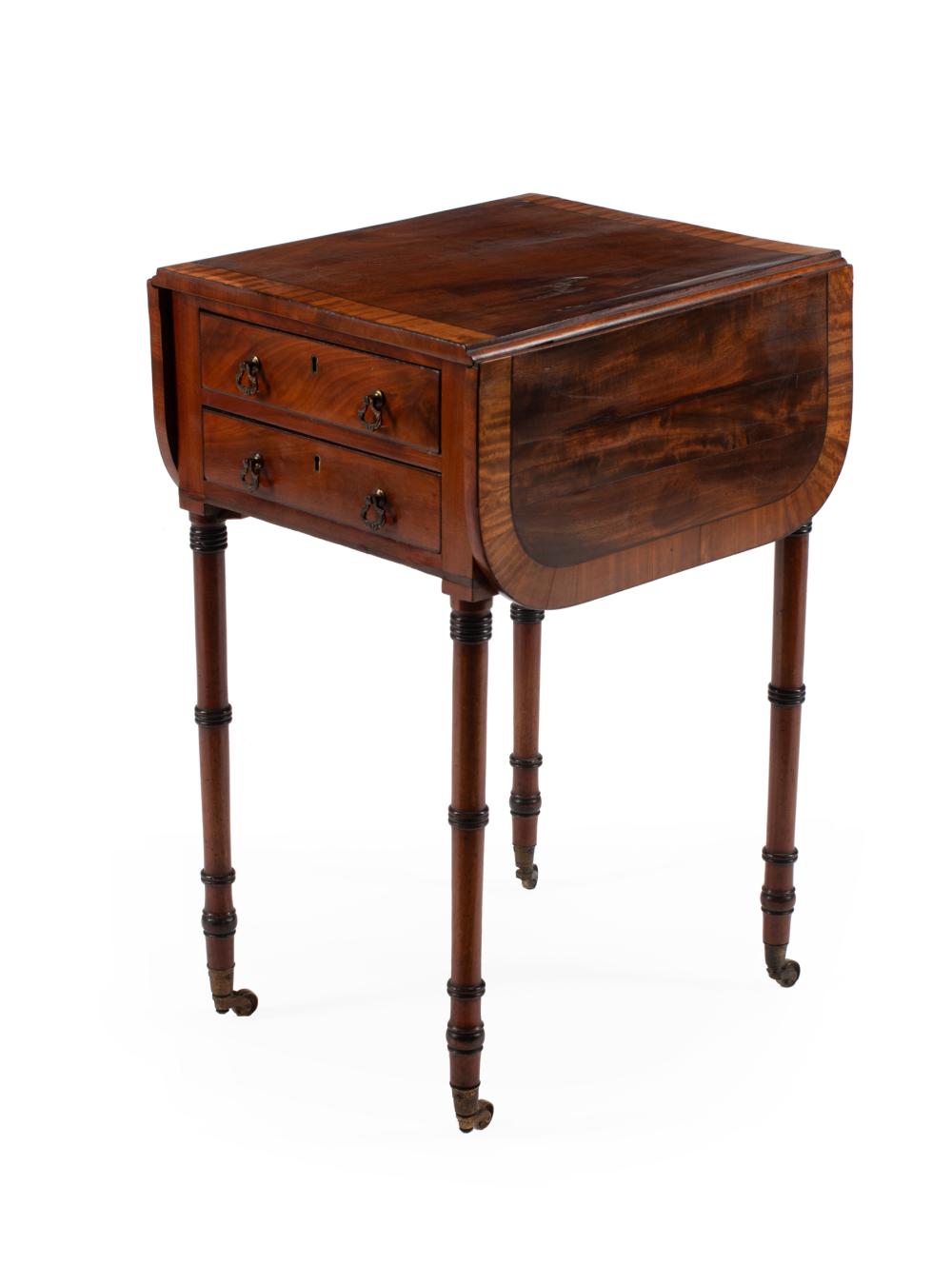 Appraisal: Regency Inlaid Rosewood Work Table th c banded drop-leaf top