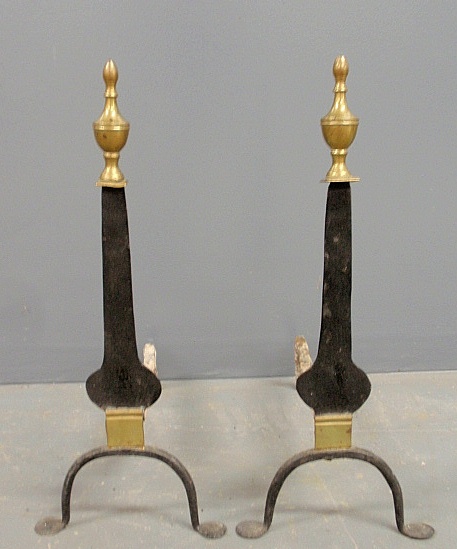 Appraisal: - Pair of wrought iron knife-blade andirons c with brass