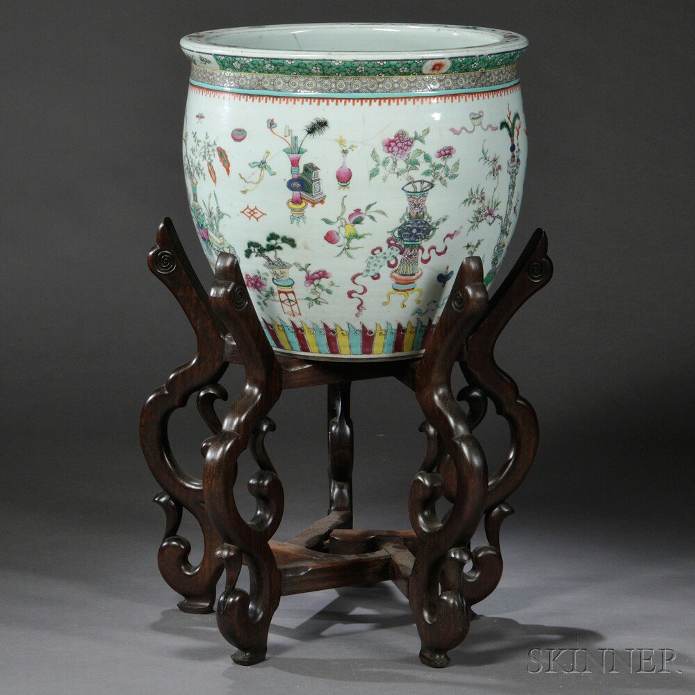 Appraisal: Famille Rose Jardiniere China Qing Dynasty decorated with scholar's objects