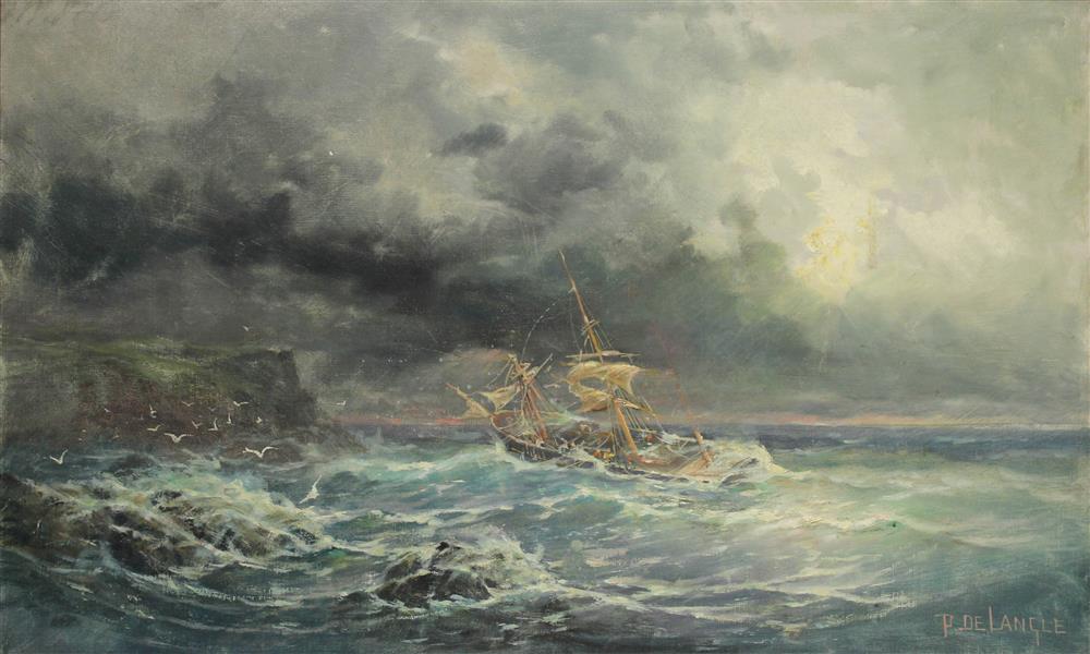 Appraisal: P DE LANGLE FRENCH TH TH CENTURY SHIP IN STORMY