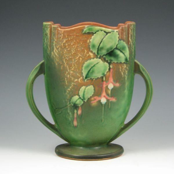 Appraisal: Roseville Fuchsia handled vase in green and brown Faintly marked