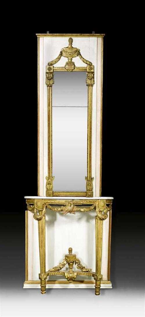 Appraisal: OVERMANTEL MIRROR WITH CONSOLE Louis XVI German circa Carved wood