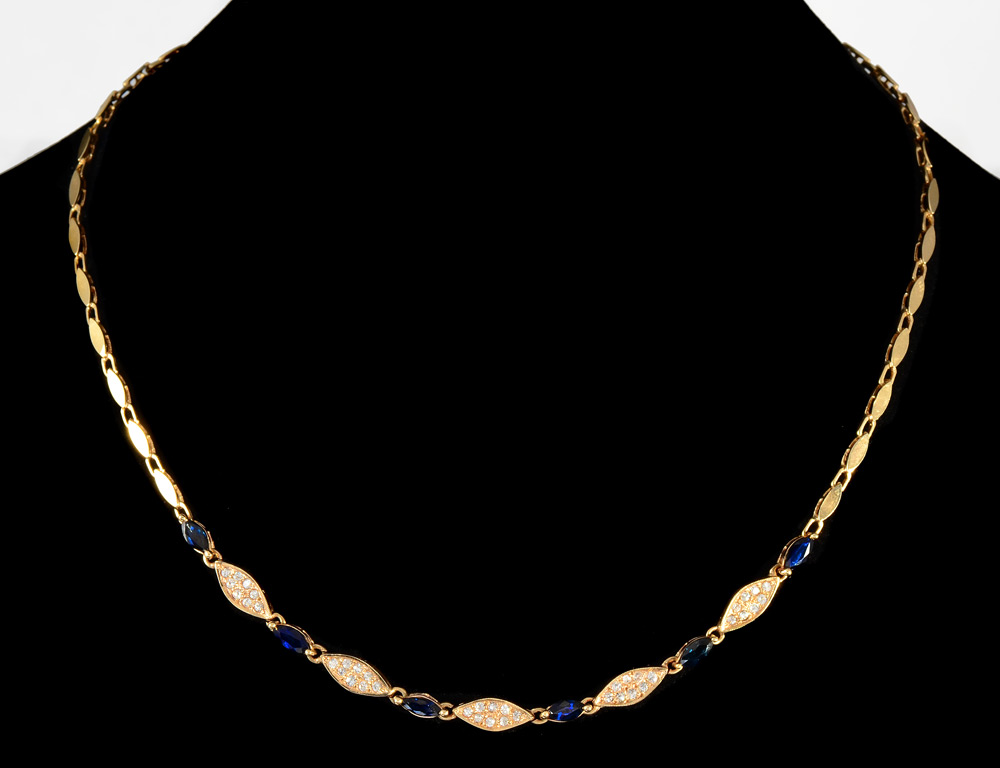 Appraisal: K GOLD DIAMOND AND MARQUISE SAPPHIRE NECKLACE Mirrored marquise box