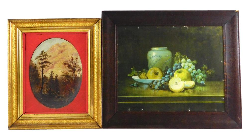 Appraisal: Two framed works Oil on concave papier mache board Autumn