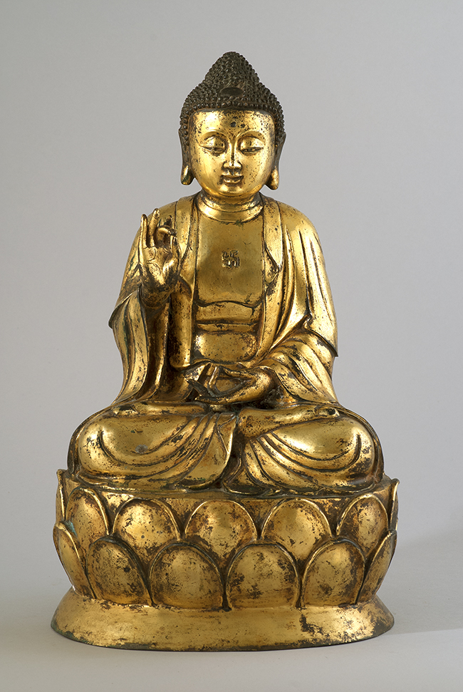 Appraisal: GILT-BRONZE FIGURE OF BUDDHA Seated on a double lotus throne