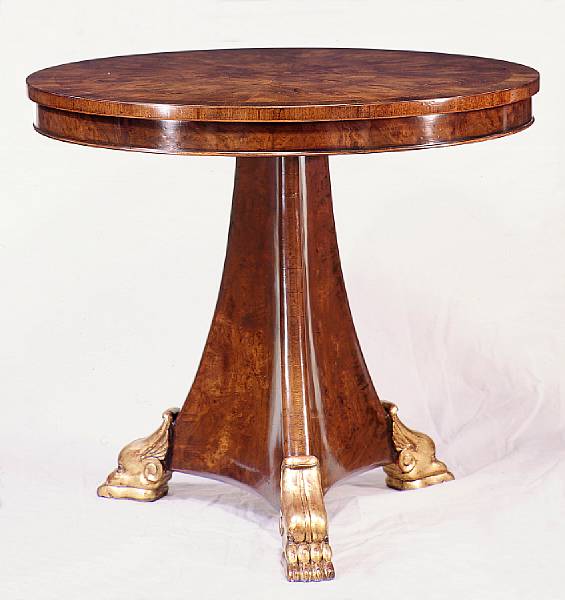 Appraisal: A Regency style burl walnut and parcel gilt center table