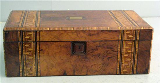 Appraisal: th century walnut and parquetry inlaid writing box with red