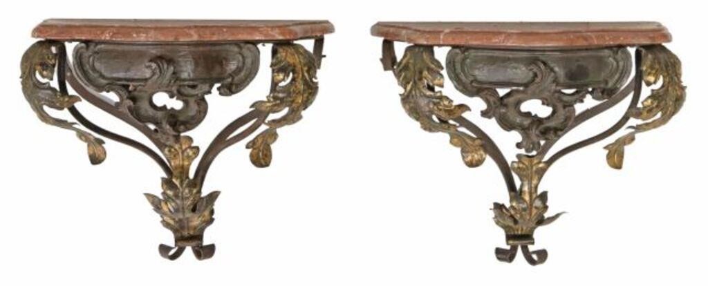 Appraisal: pair Neoclassical style wrought iron wall-mounted console tables th c