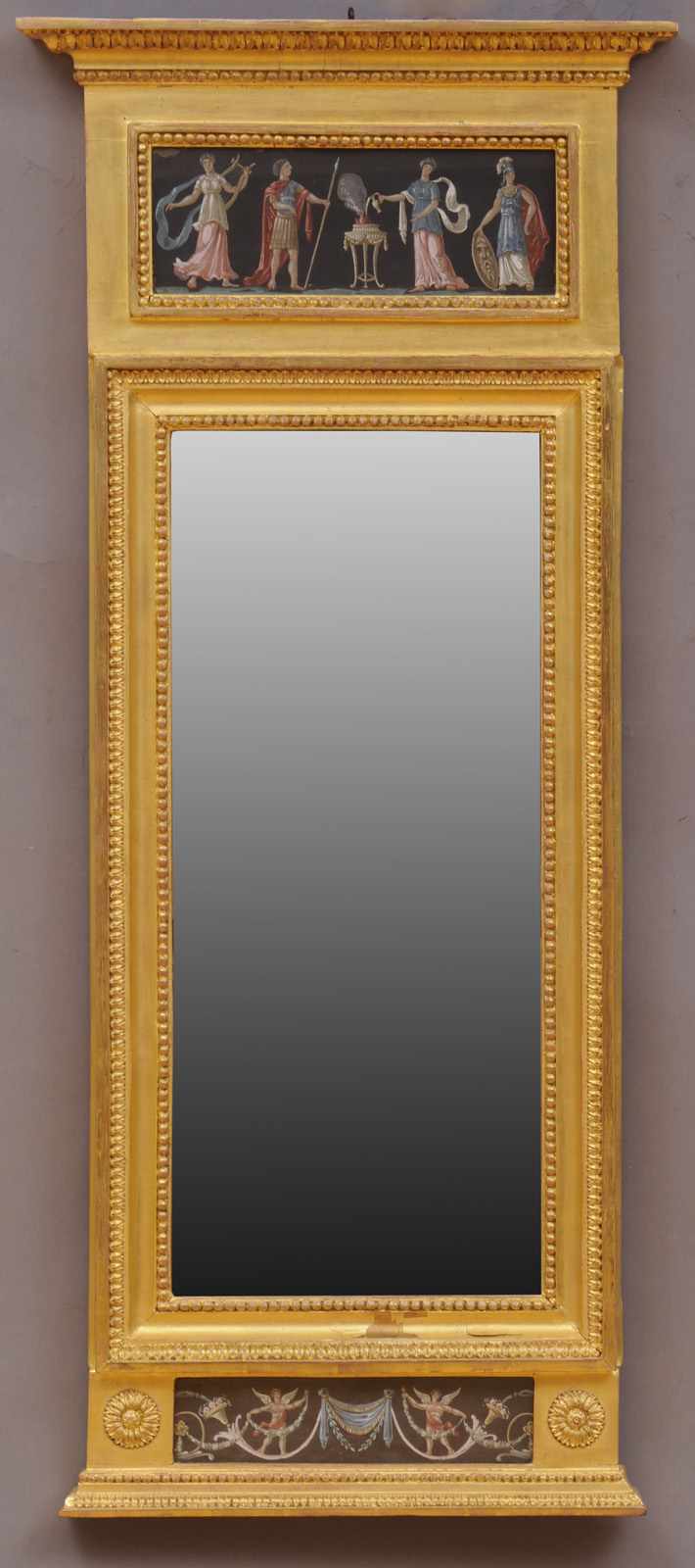 Appraisal: SWEDISH NEOCLASSICAL CARVED GILTWOOD PIER MIRROR WITH GOUACHE PANELS The