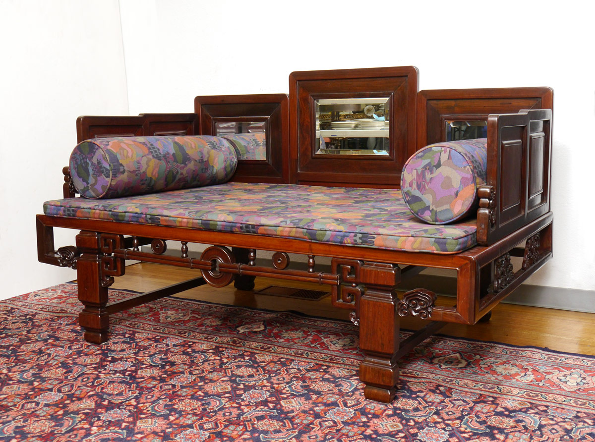 Appraisal: CARVED CHINESE OPIUM BED Carved and shaped back and sides