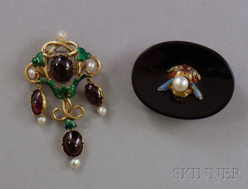 Appraisal: Two kt Gold Pearl and Enamel Brooches including an oval