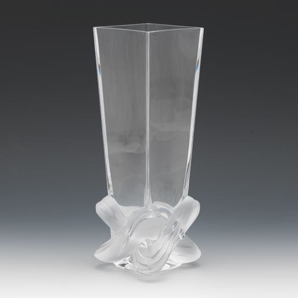 Appraisal: LALIQUE CRYSTAL LUCCA VASE WITH SCROLL BASE Slightly convex form