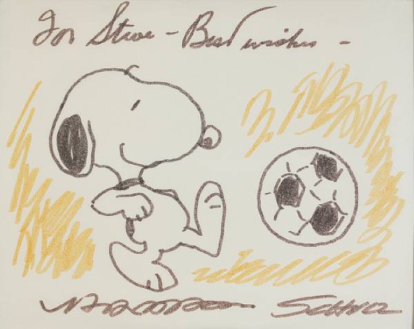 Appraisal: A Charles Schulz drawing of Snoopy playing soccer circa colored