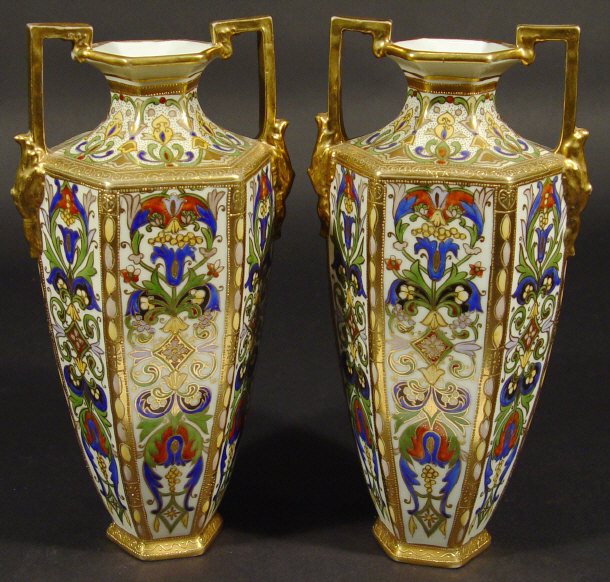 Appraisal: Pair of hexagonal Noritake two handled china vases each profusely