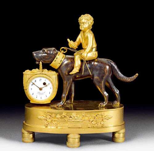 Appraisal: SMALL MANTEL CLOCK AU CHIEN Empire the dial signed BOUESSEL