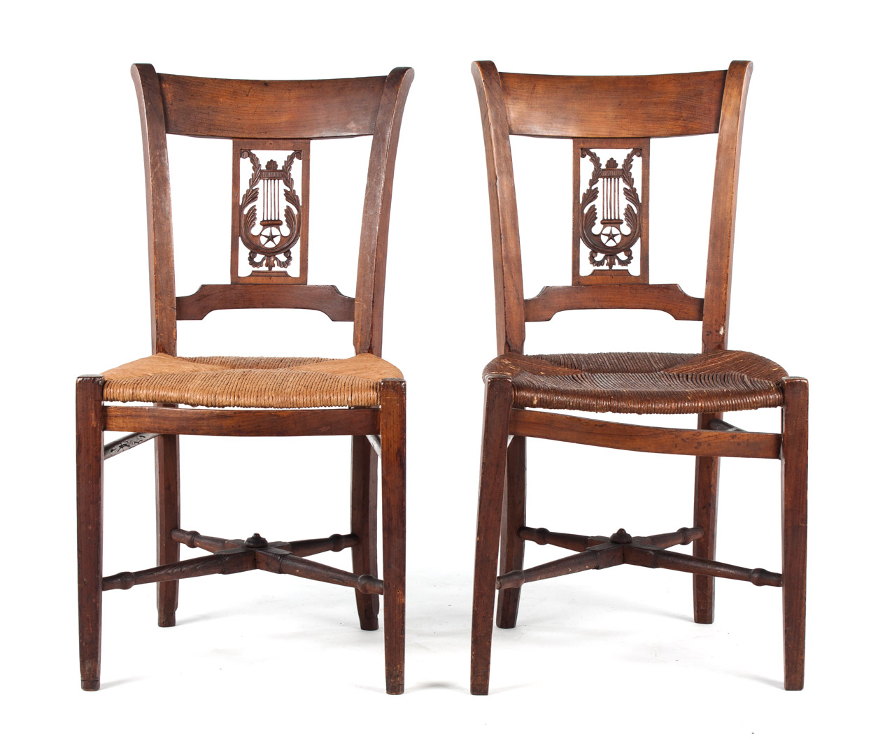 Appraisal: Pair of Italian fruitwood rush-seat side chairs th century carved