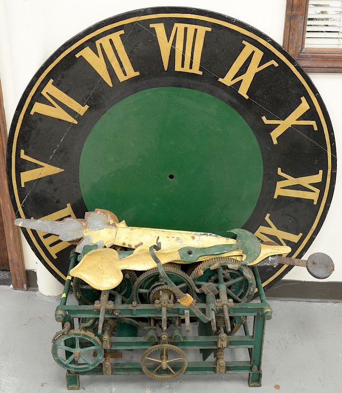 Appraisal: Large iron turret clock frame and parts to include green