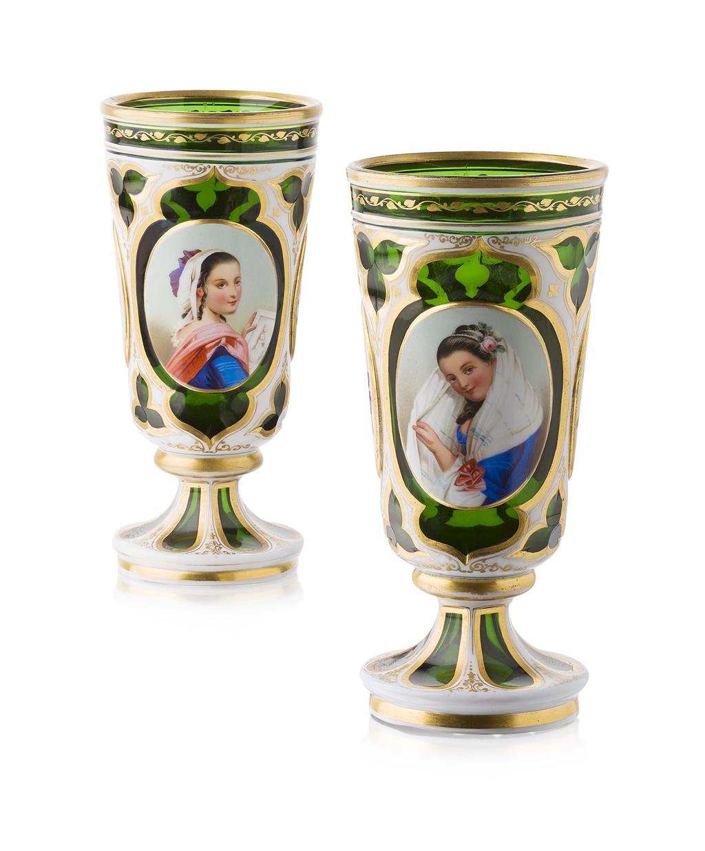 Appraisal: PAIR OF BOHEMIAN ENAMELLED WHITE OVER GREEN GLASS GOBLETS TH