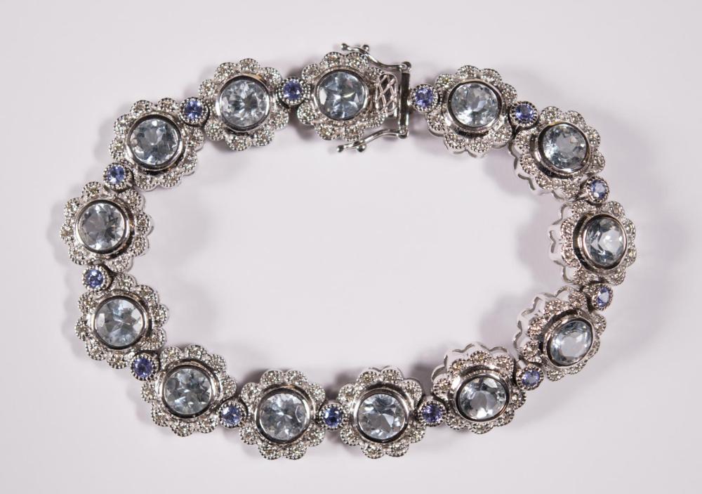 Appraisal: AQUAMARINE TANZANITE AND DIAMOND BRACELET The k white gold bracelet